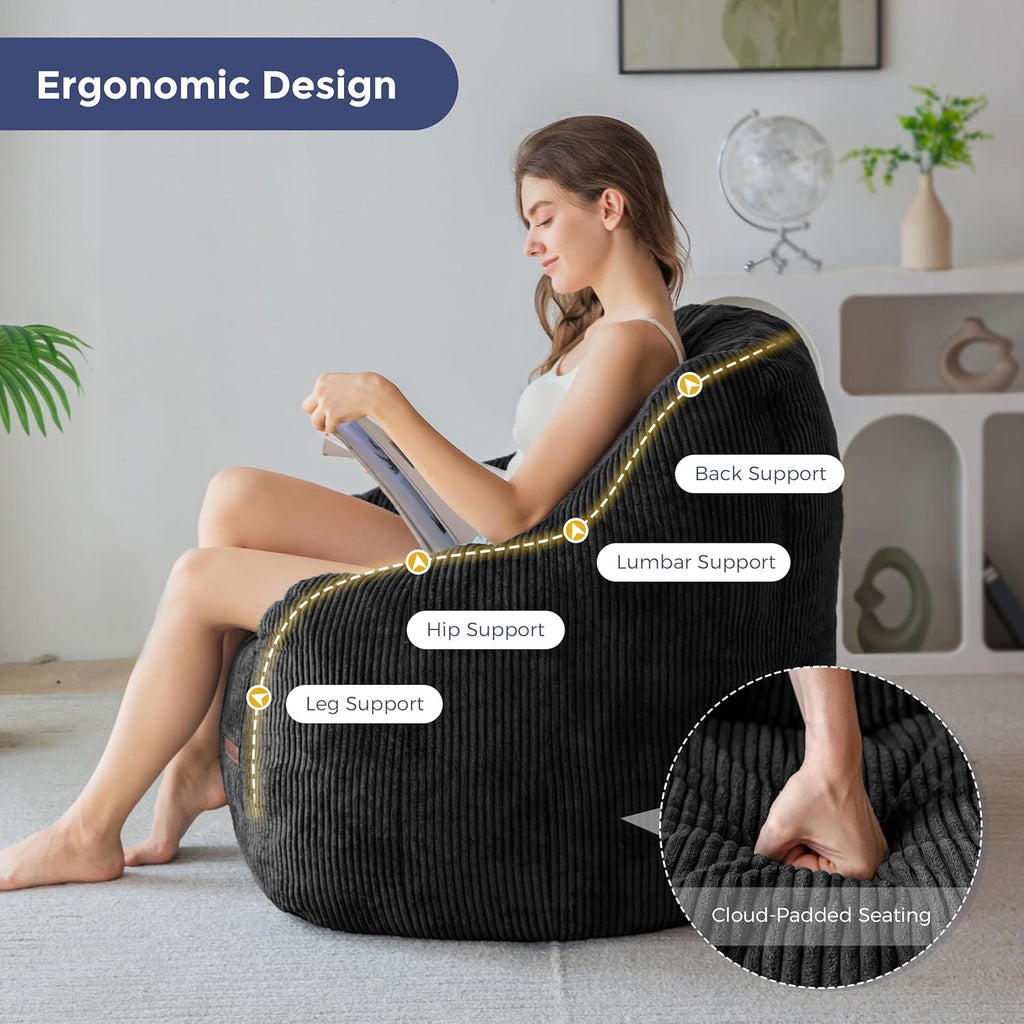 MAXYOYO Bean Bag Chair, Bean Bag Sofa with Filler, Cozy Living Room Chair for Adults and Kids, Stuffed Floor Sofa for Bedroom Dorm Reading, Black