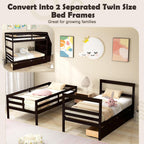 KOMFOTT Wood Twin Over Twin Bunk Bed with Storage Drawers & Stairs, Bunk Beds with Bookcase & Safety Guardrail, Solid Wood Slatted Bunk Bed for Kids Teens Adults, No Box Spring Needed (Espresso)