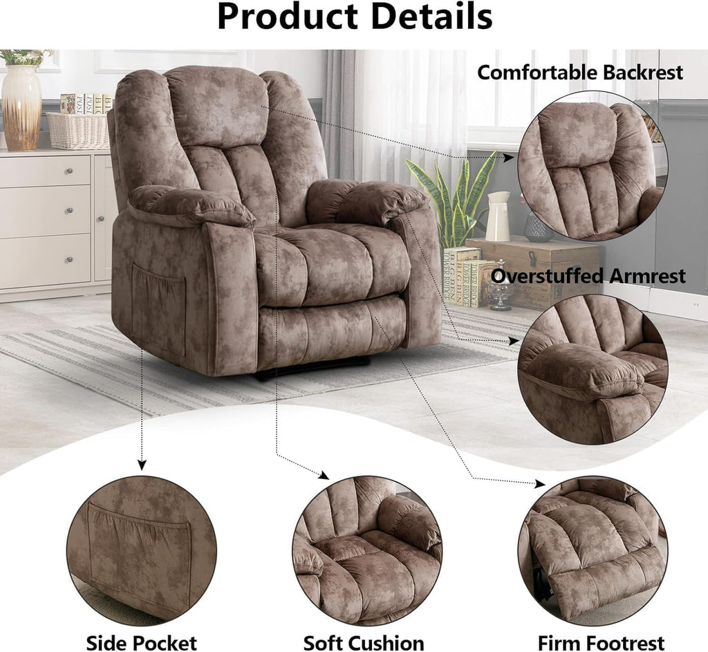 CANMOV Manual Reclining Chair-Overstuffed Recliner Chair with Cup Holder Side Pocket Footrest Fabric Recliners for Living Room Bedroom, Apricot