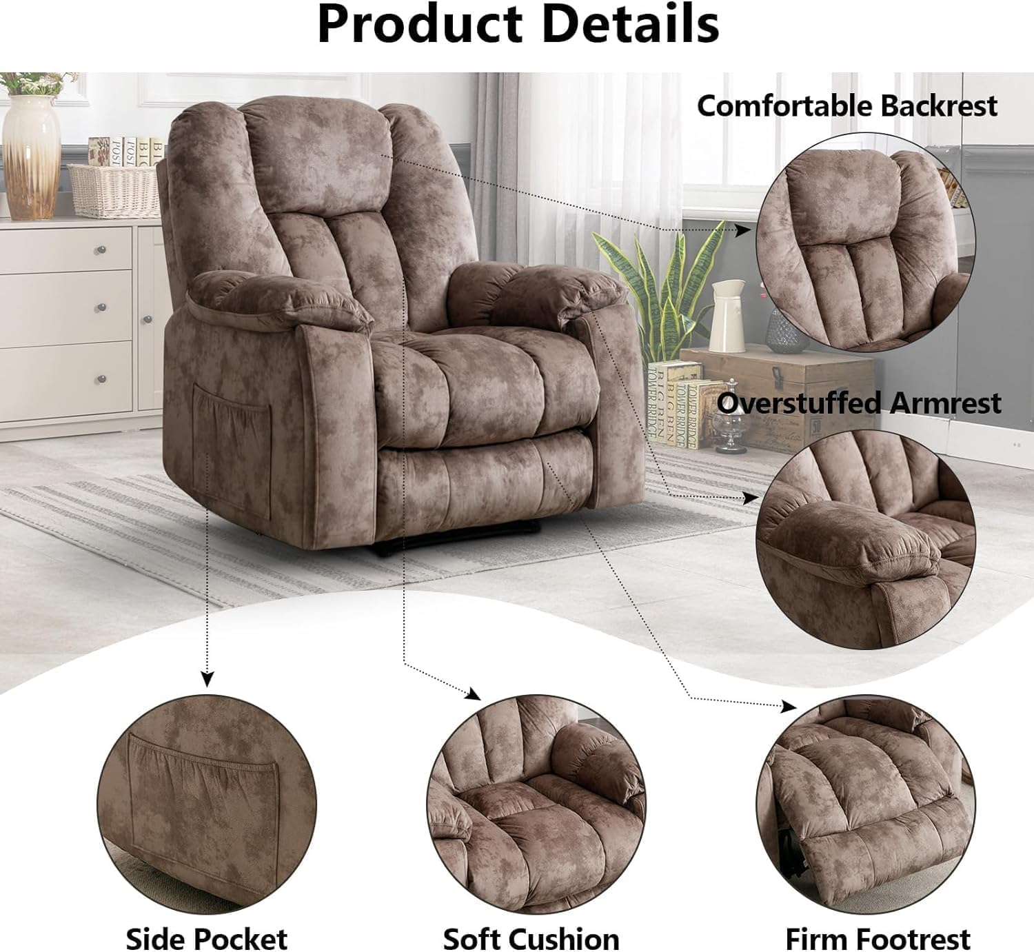 CANMOV Manual Reclining Chair-Overstuffed Recliner Chair with Cup Holder Side Pocket Footrest Fabric Recliners for Living Room Bedroom, Apricot
