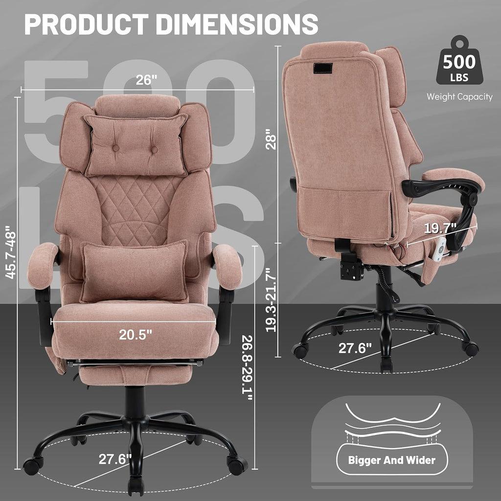 Massage Office Chair with Foot Rest,6 Points Vibration & Heat Executive Office Chairs for Heavy People,500LBS Big and Tall Office Chair,Ergonomic Reclining Desk Chair,Home & Office,Pink