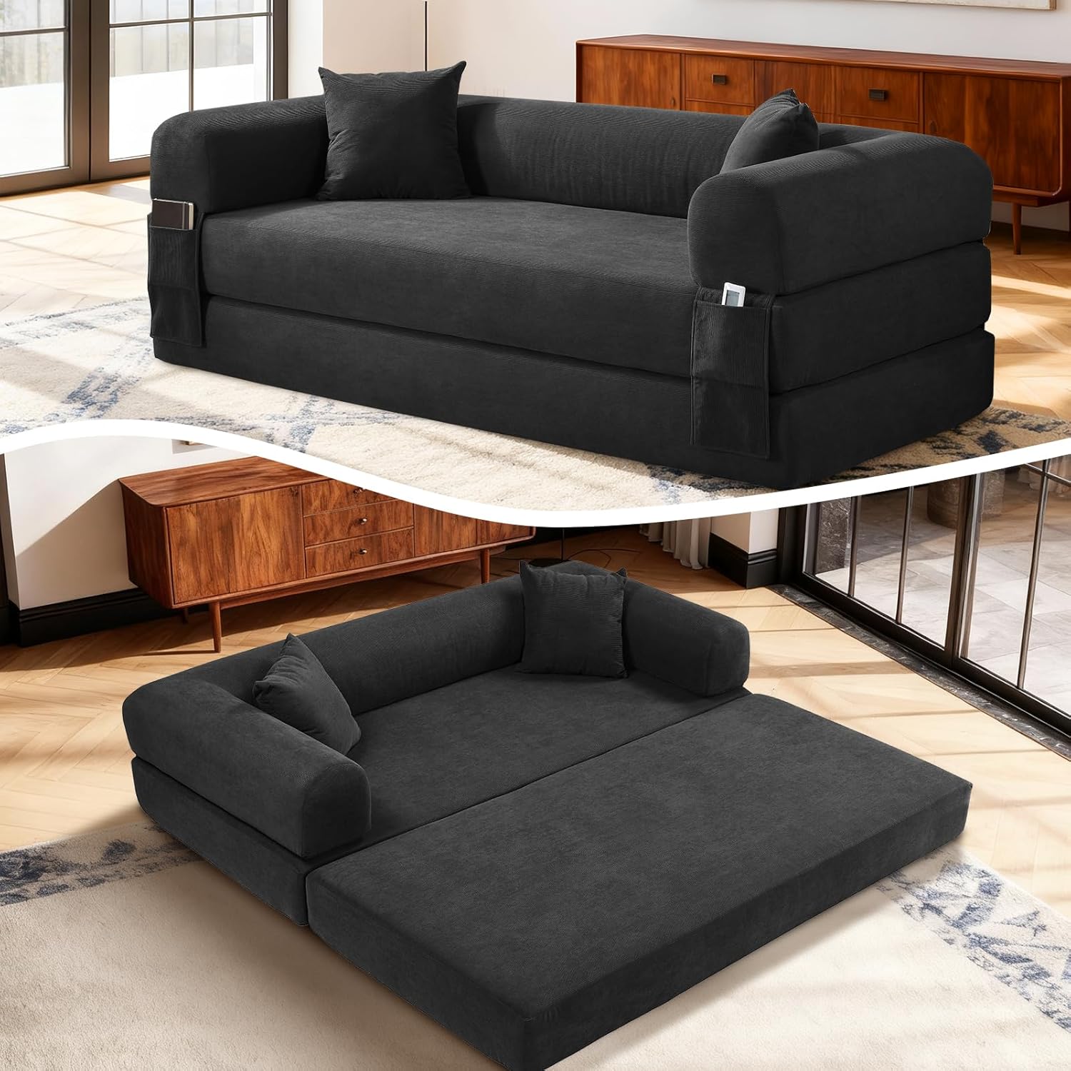 4-in-1 Folding Convertible Sofa Bed, 80 Inch Oversized Corduroy Boneless Couch, Loveseat Sleeper with Pull Out Bed, Floor Sofa Modular Futon Teddy Sofa for Living Room Bedroom Lounge, Deep Gray