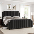GarveeHome King Size Platform Bed Frame with 50.2 in Headboard, Velvet Upholstered Bed Frame King with Vertical Channel Tufted Headboard & Footboard, Nailhead Trim, No Box Spring Needed, Black