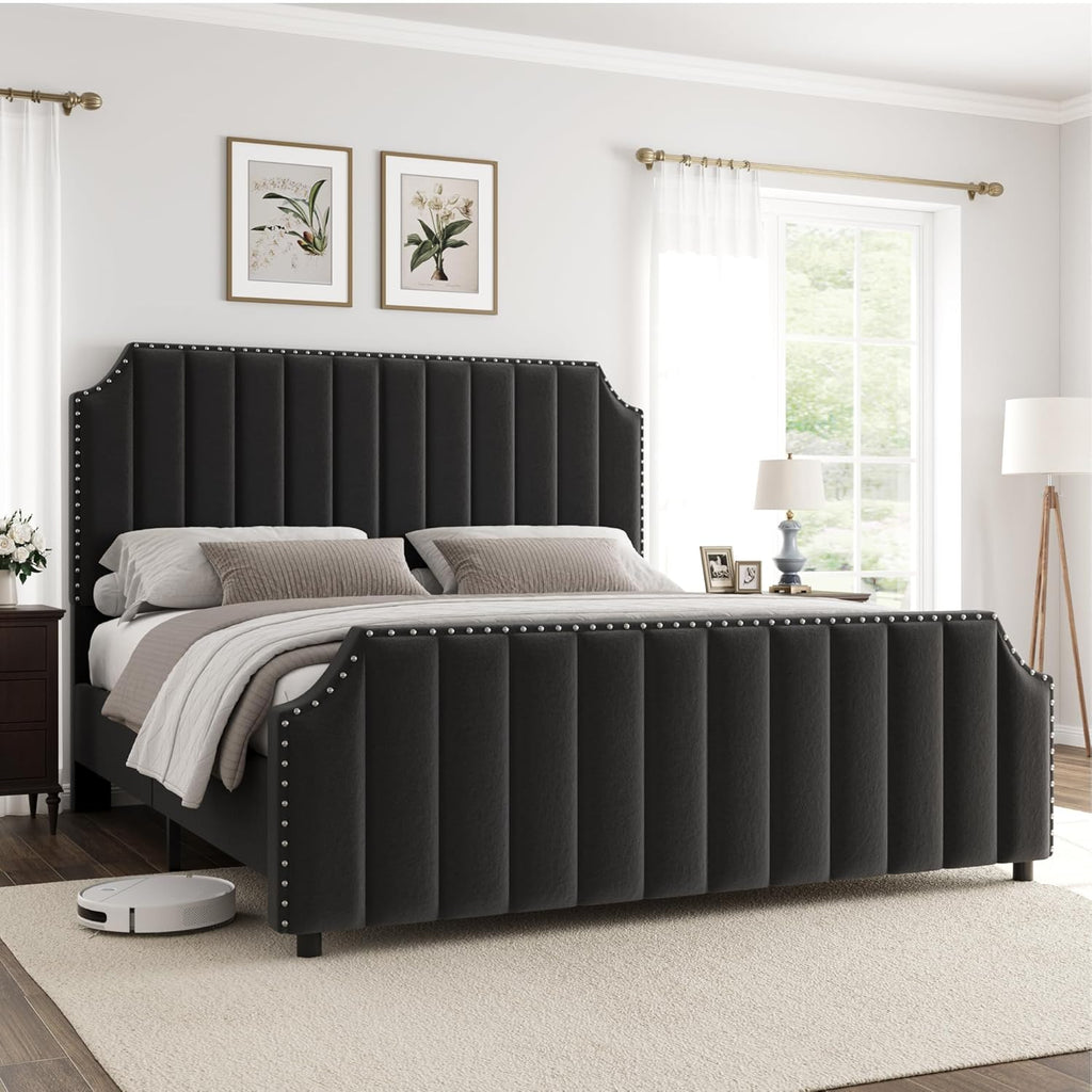GarveeHome Queen Size Platform Bed Frame with 50.2 in Tall Headboard, Velvet Upholstered Bed Frame Queen with Vertical Channel Tufted Headboard & Footboard, Nailhead Trim, No Box Spring Needed, Black