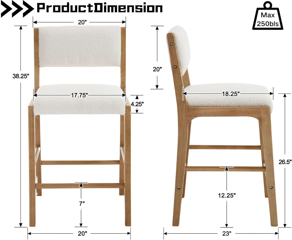 HNY 26.5'' Modern Counter Stools with Backs Counter Height Barstools Set of 2, White Sherpa Boucle Upholstered Bar Height Chairs with Wood Frame Wooden Island Stools for Kitchen Counter/Pub