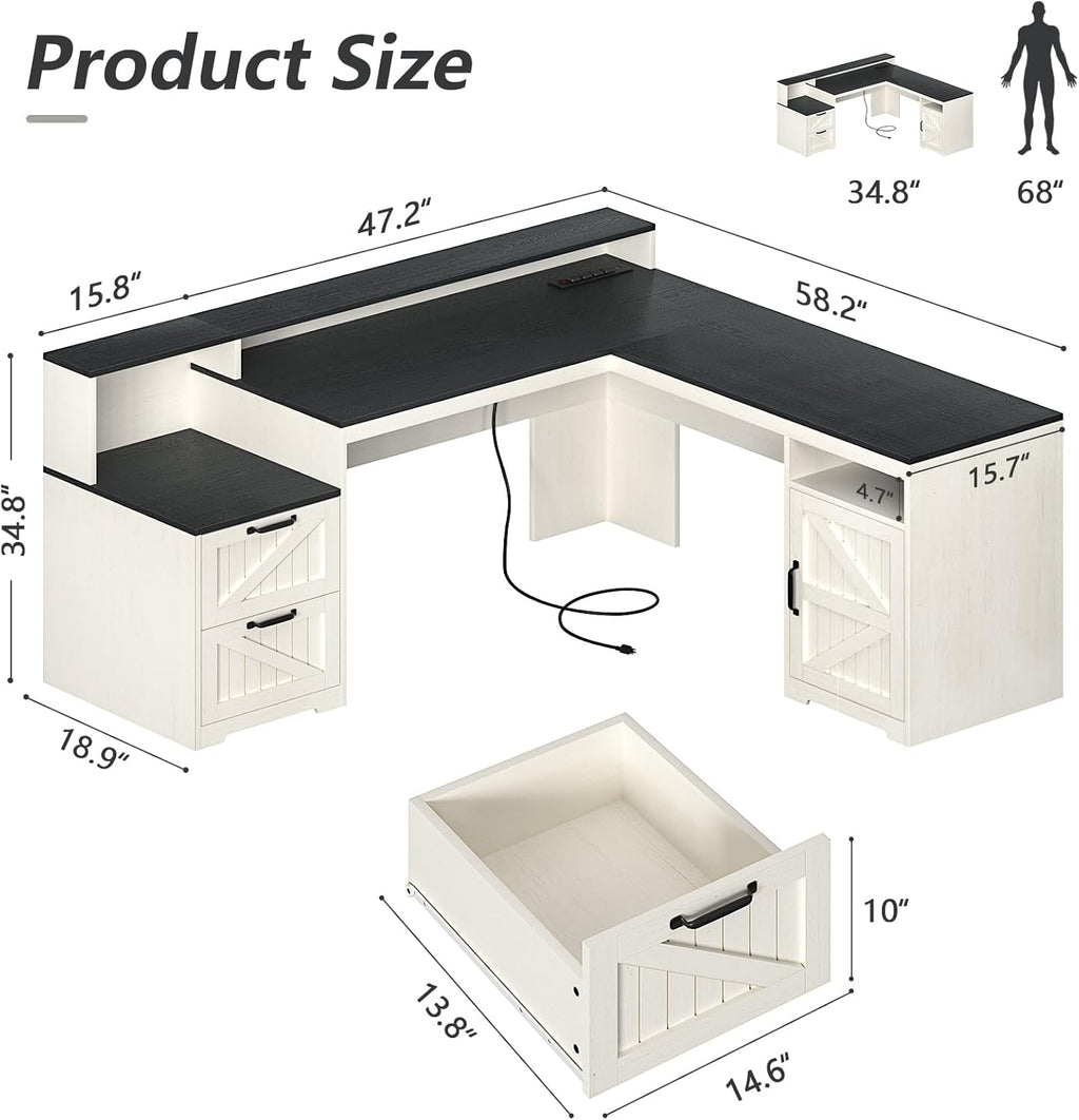 63" Farmhouse L Shaped Executive Desk with Drawers & Storage Shelf, Corner Computer Desk with Power Outlets, L Shaped Office Desk with Monitor Stand, Printer Shelf, Black and White