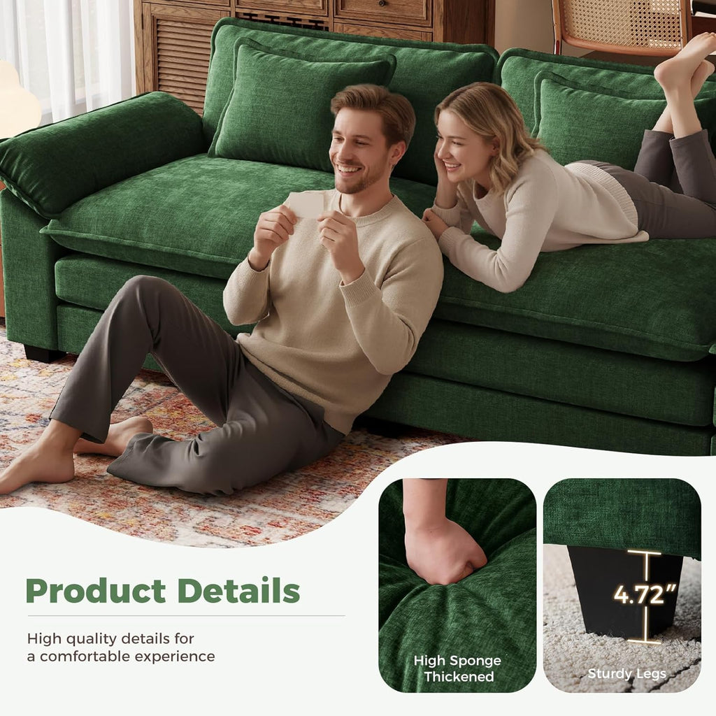 CDCASA 154" Modular Sectional Sofa, Comfy U-Shaped Cloud Couch with 3 Movable Ottomans, Oversized 7-Seater Chenille Deep Seat Sofa Couch for Living Room, DIY Combination, Green