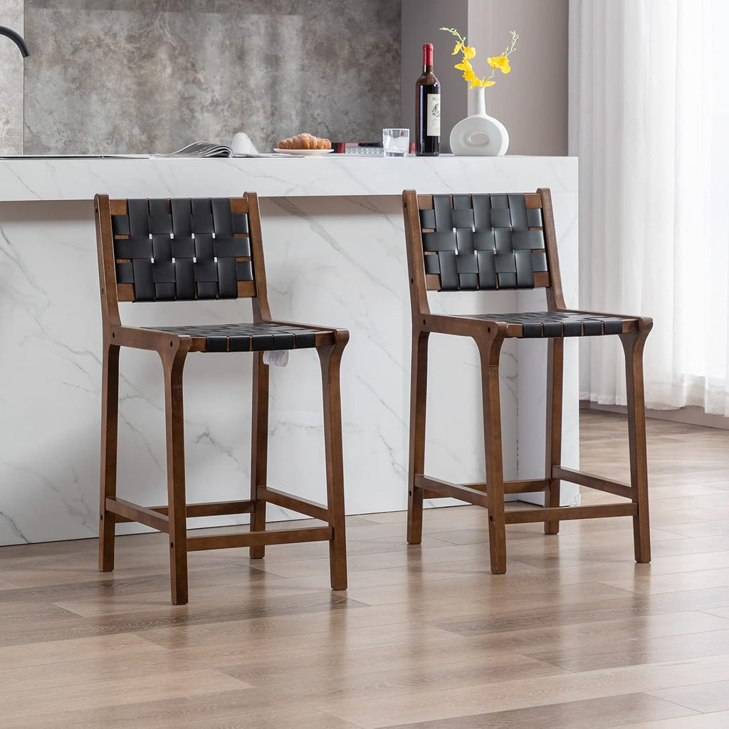 Counter Stools Set of 2 Modern 23.5" Counter Height Barstool with PU Leather Woven Strap Seat & Open Back Walnut Wood Color Chairs with Footrest for Home Bar/Dining Room/Kitchen Island, Black