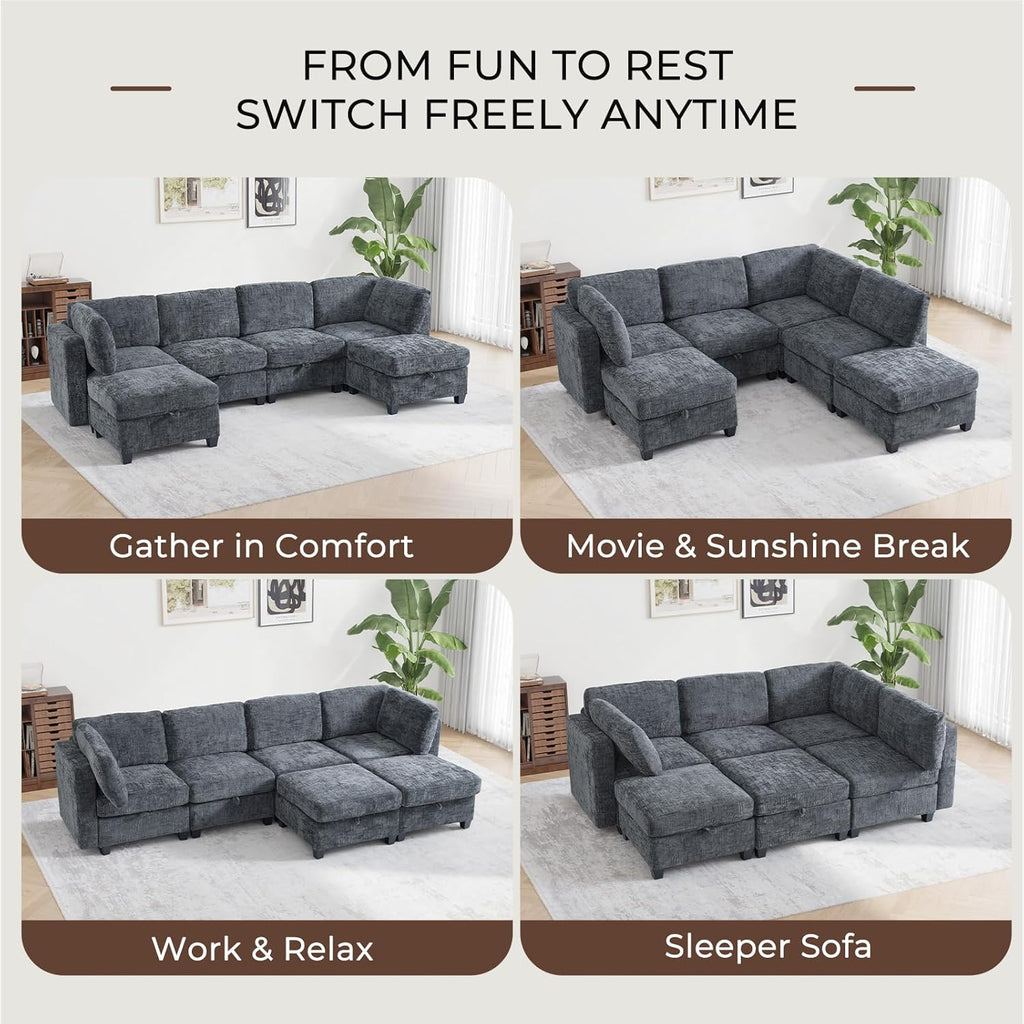 128" Oversized Modular 6 Seater Sofa with Removable Covers and Storage, Convertible U, L-Shaped and Sleeper Sectional, Modern Sectional Couch with Movable Ottoman for Living Room, Apartment, Gray