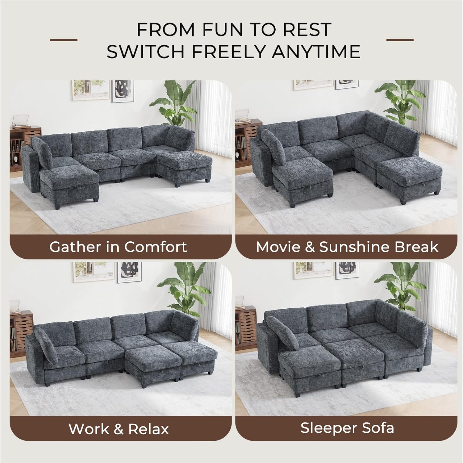 128" Oversized Modular 6 Seater Sofa with Removable Covers and Storage, Convertible U, L-Shaped and Sleeper Sectional, Modern Sectional Couch with Movable Ottoman for Living Room, Apartment, Gray