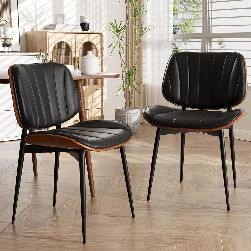 Dining Chairs Set of 4, Mid Century Modern Dining Room Chair, Upholstered Faux Leather Kitchen Chairs with Walnut Bentwood Back and Metal Legs for Kitchen Dining Room Living Room, Black