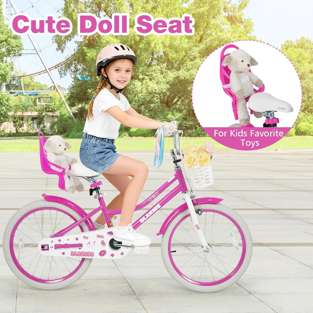 Olakids Kids Bike, 12 14 16 18 20 Inch Toddlers Bike with Doll Seat Basket Adjustable Seat and Handlebar, Handbrake and Coaster Brake, Children's Bicycle for Girls