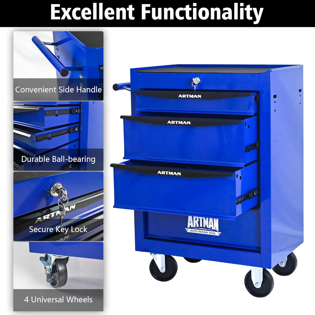 RYH 4 Drawers Rolling Tool Chest - 13" D x 20.9" W x 30.5" H Heavy Duty Mobile Tool Cart with Locking Wheels & Ball Bearing Drawers, Garage Tool Storage Cabinet (Blue, 4 Drawers)