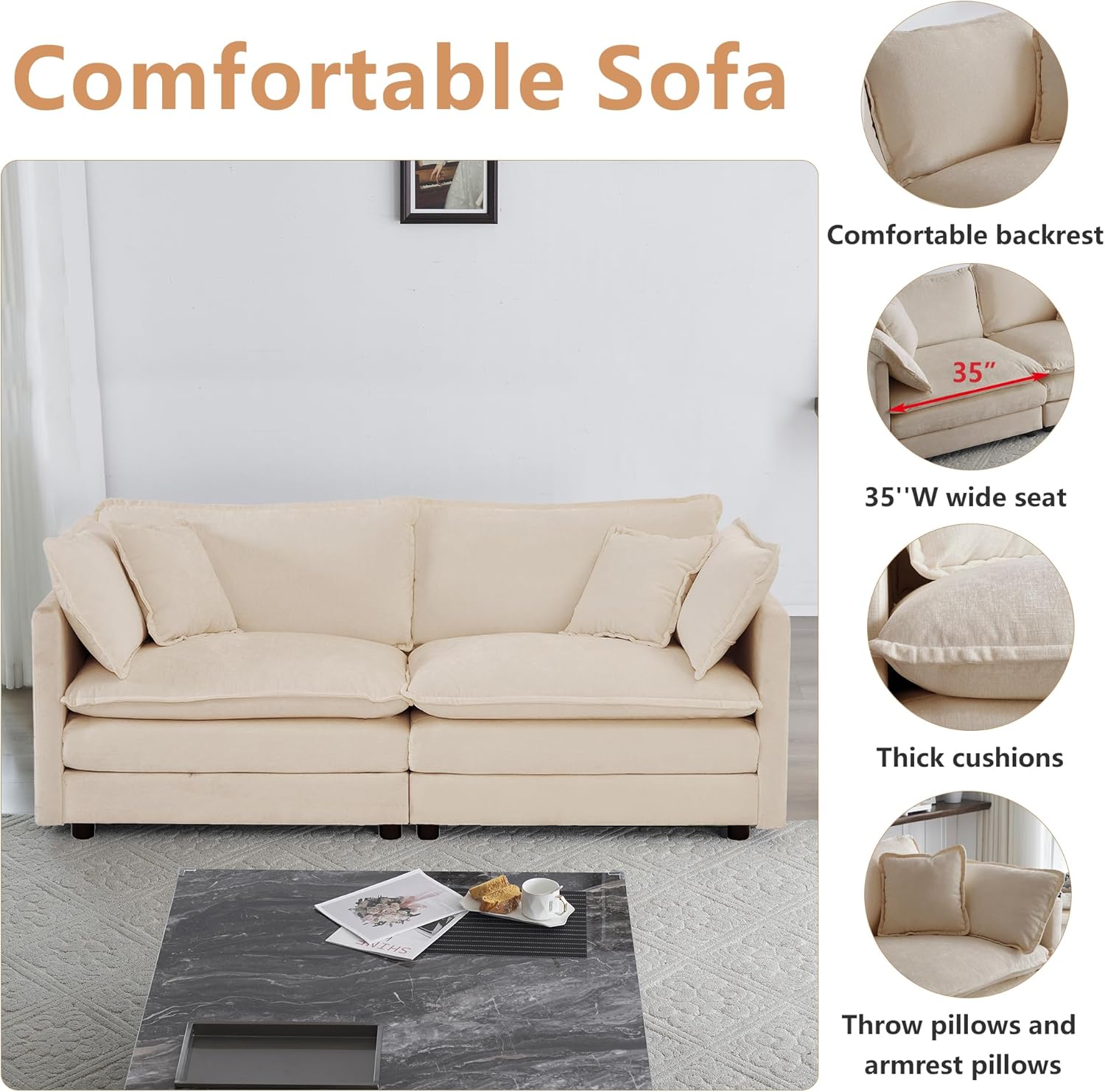 mikibama Luxury Loveseat Sofa Couch, 76" Modern Chenille Deep 2-Seater Cloud Couch with 2 Armrest Pillows and 2 Toss Pillows, Love Seat for Living Room Bedroom Office Apartment, Light Coffee