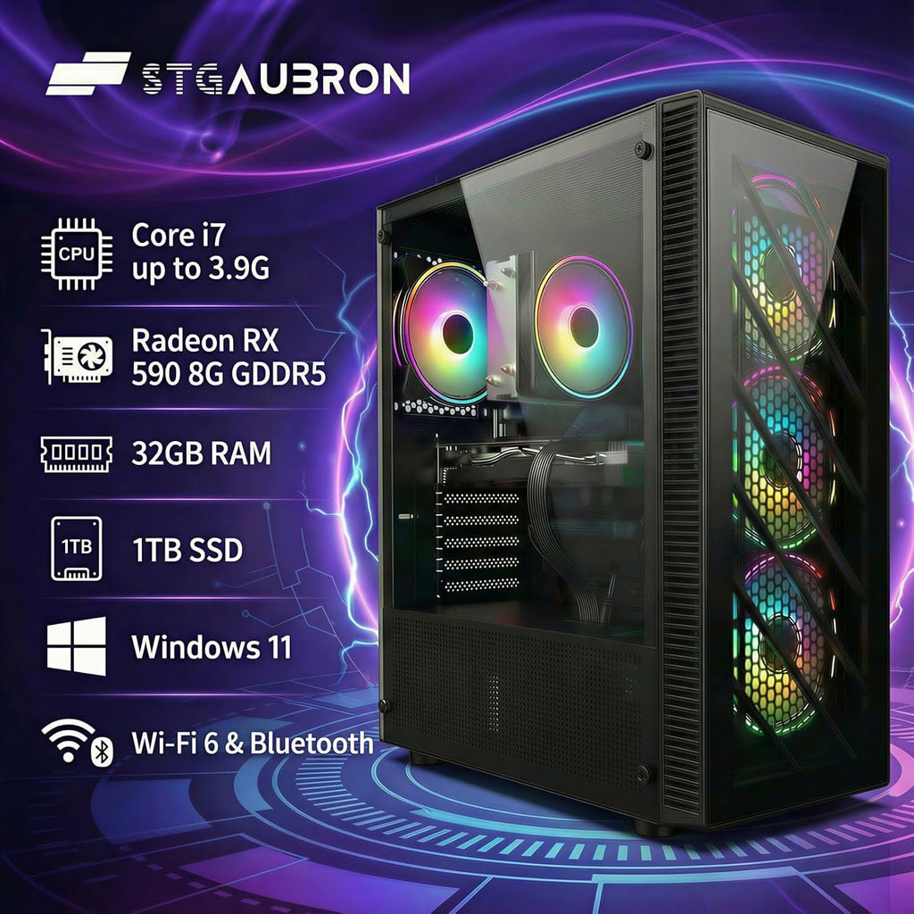 STGAubron Gaming PC Desktop Computer  Radeon RX 590 8G  Intel Core i7 up to 3.9G  32GB RAM  1TB SSD  WiFi 6  BT 5.0  RGB Fan x4  Windows 11 Home