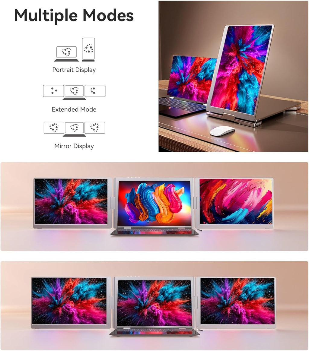 FOPO 16" Laptop Screen Extender Monitor Portable  Quad Monitor  Just 1 Cable for 3 Screens  FHD 1080P IPS Laptop Extender Compatible with Wins/Mac for 13.6" - 18.5" Laptops