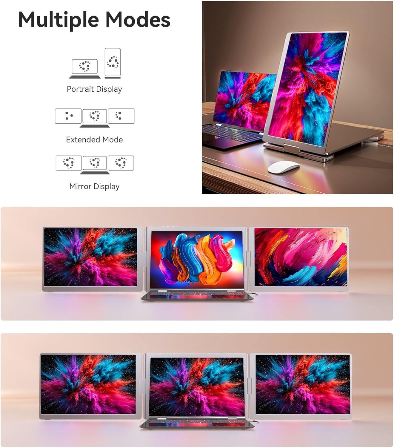 FOPO 16" Laptop Screen Extender Monitor Portable  Quad Monitor  Just 1 Cable for 3 Screens  FHD 1080P IPS Laptop Extender Compatible with Wins/Mac for 13.6" - 18.5" Laptops