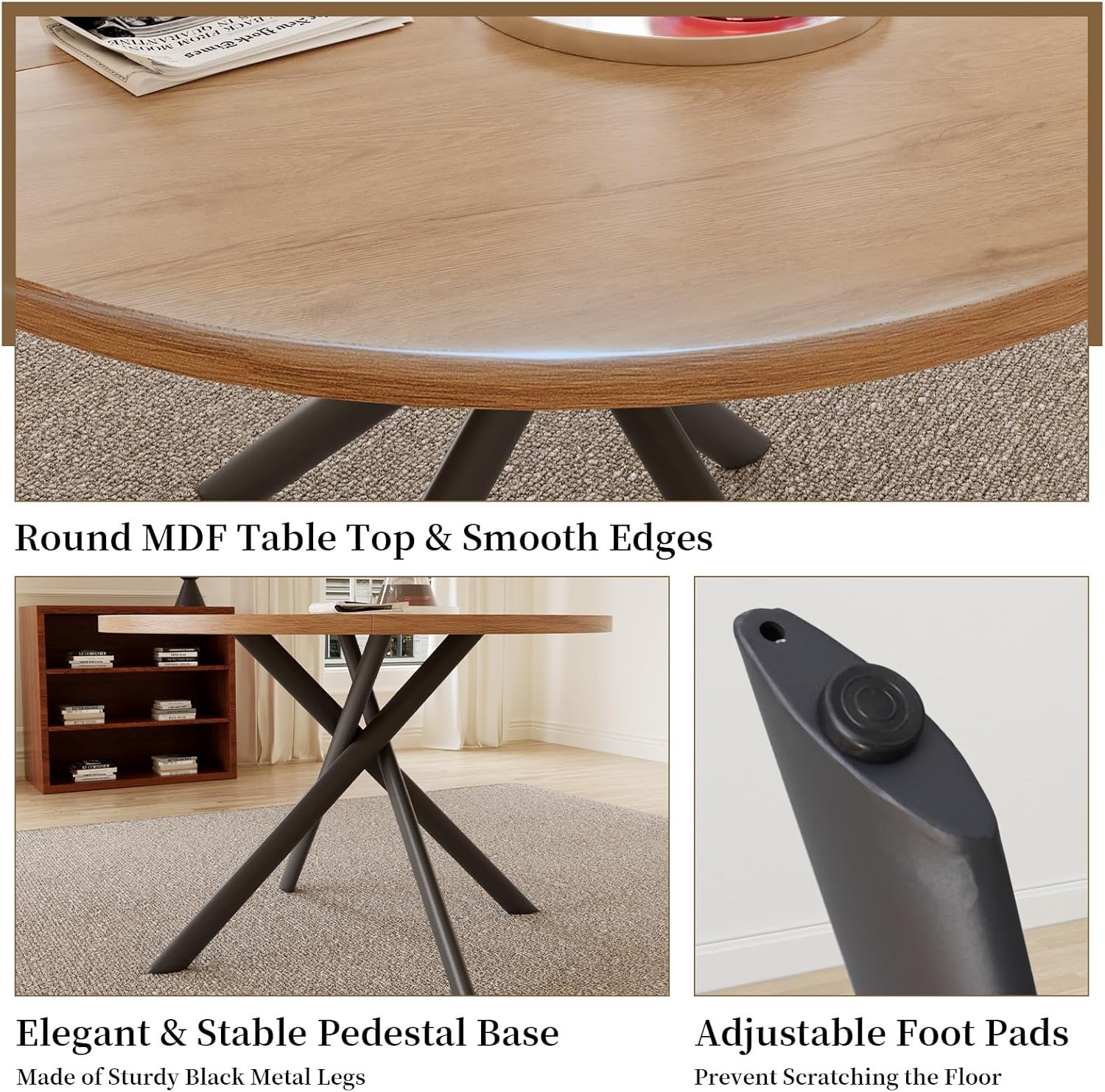 45.3 Inch Round Dining Table Set for 4, Mid Century Modern Small Kitchen Coffee Set for Dining Room Kitchen Apartment (Oak Table + 4 Black Chairs)