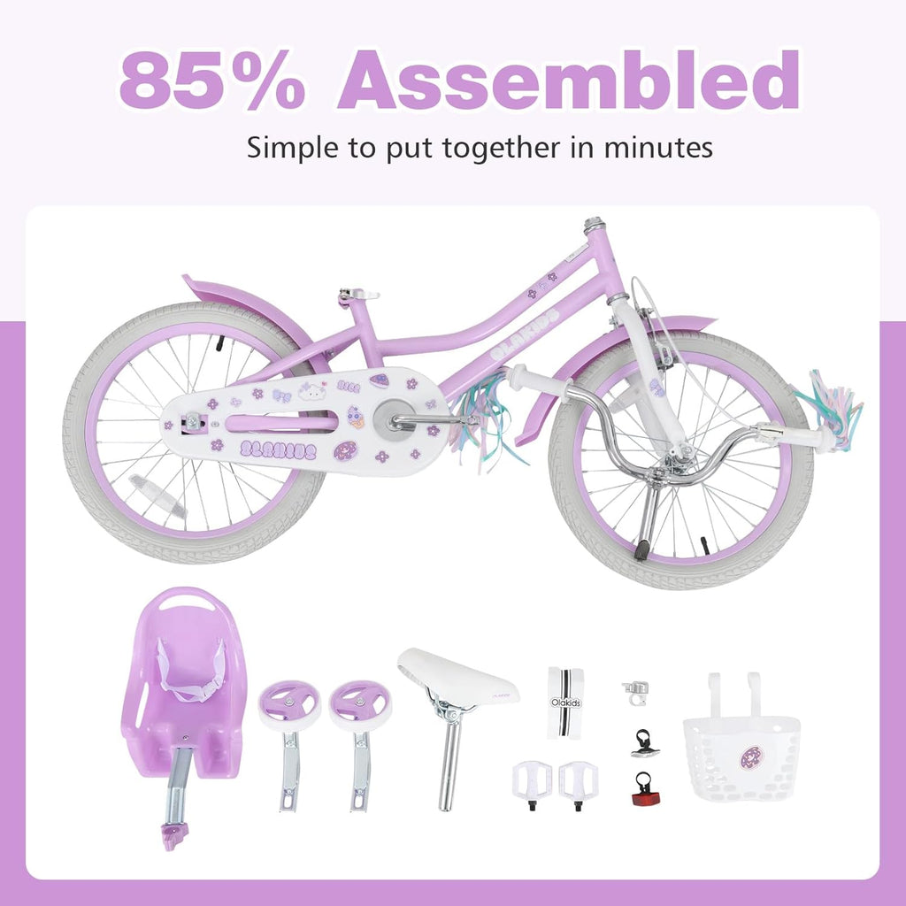 Olakids Kids Bike, 12 14 16 18 20 Inch Toddlers Bike with Doll Seat Basket Adjustable Seat and Handlebar, Handbrake and Coaster Brake, Children's Bicycle for Girls