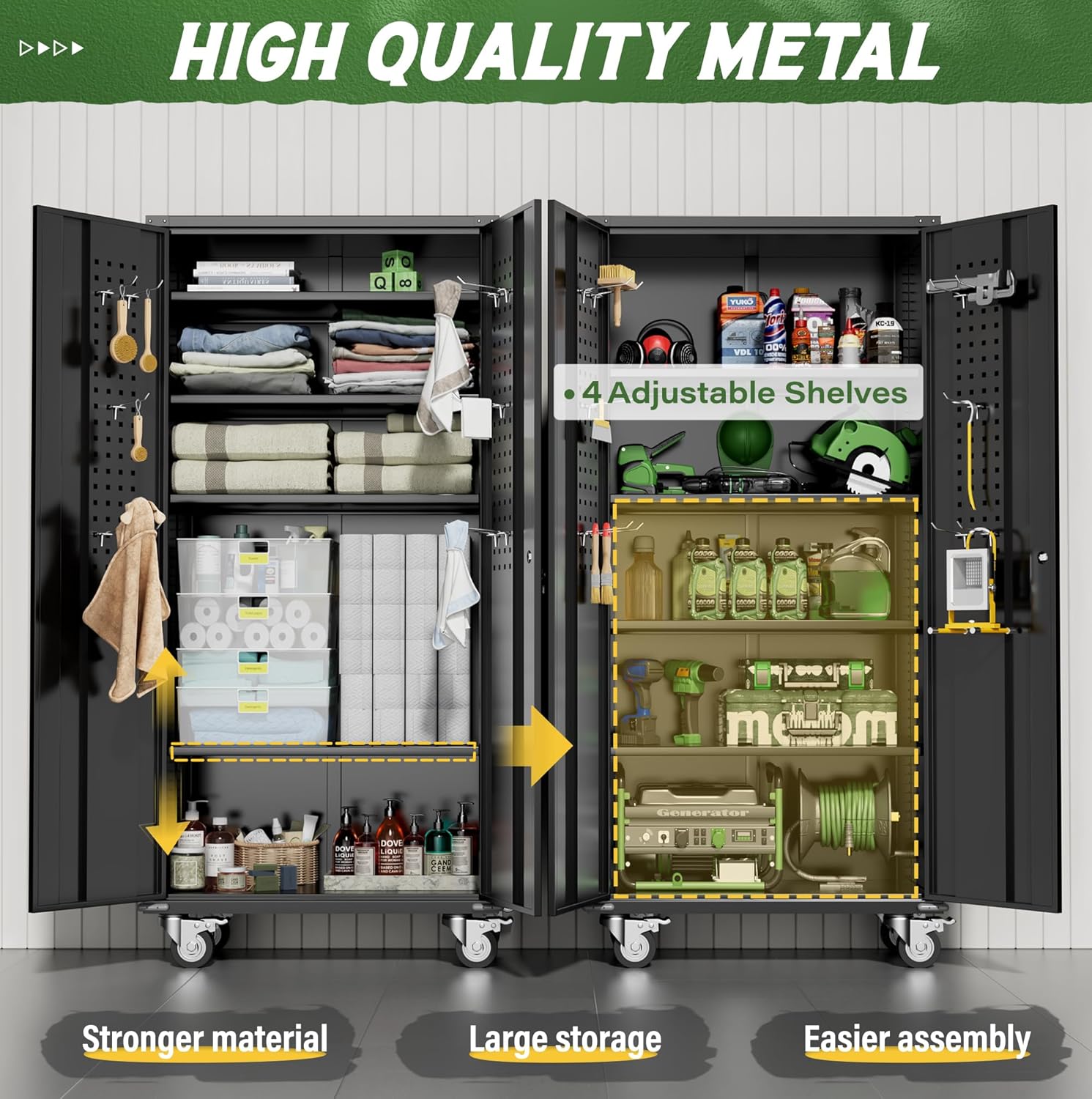 Greenvelly Metal Storage Cabinet with Wheels,72" Black Garage Storage Cabinet with Pegboards and Wheels, Rolling Tool Cabinet with Locking Doors and Shelves for Home,Basement, Kitchen