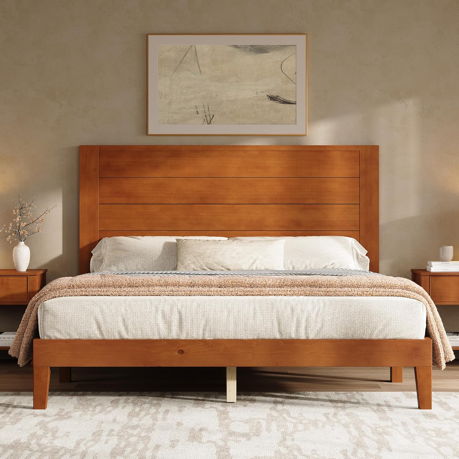 AMERLIFE Queen Sizes Solid Wood Bed Frame with 48" Headboard, Mid Century Modern Platform Bed with Silent Wood Slat System, No Box Spring Needed, Under-Bed Storage, Brown