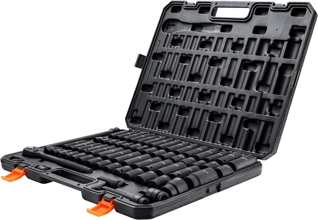 VEVOR 1/2" Drive Impact Socket Set, 65 Piece SAE 3/8" to 1-1/4" and Metric 10-24mm, 6 Point Cr-V Alloy Steel for Auto Repair, Easy-to-Read Size Markings, Rugged Construction, Storage Case