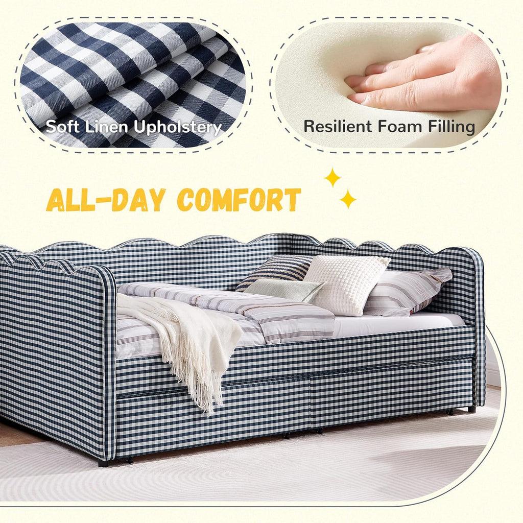DEINPPA Queen Size Upholstered Daybed with 2 Storage Drawers, Gingham Daybed with USB Ports for Bedroom Living Room Guest Room-Navy
