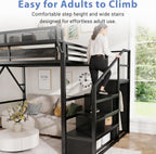 Queen Size Loft Bed with Stairs and Storage, Metal Loft Bed Frame with Bedside Shelf and Large Under-Bed Space, Heavy-Duty Loft Beds for Adults Teens and Kids, Convertible Staircase, Black