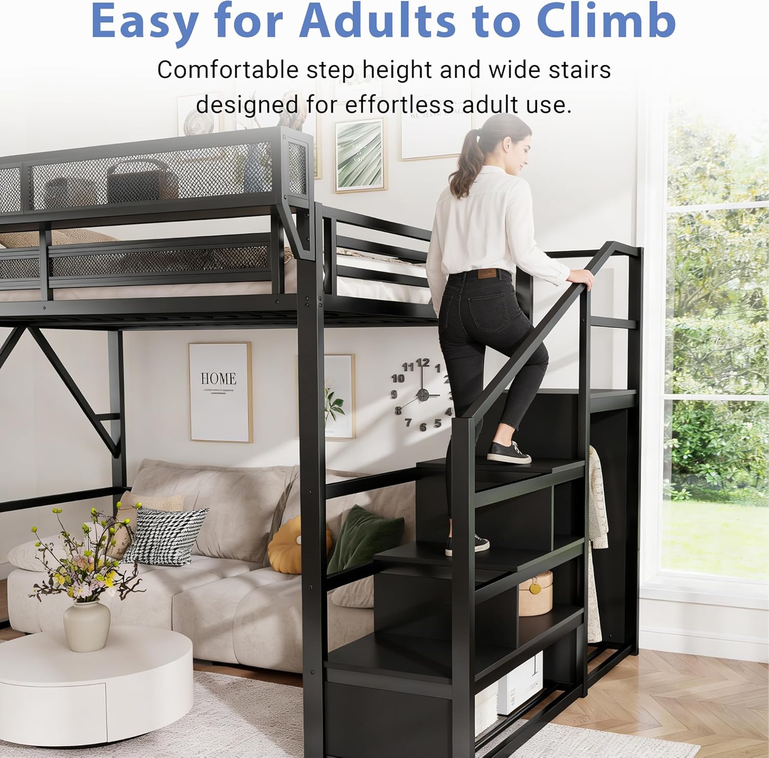 Queen Size Loft Bed with Stairs and Storage, Metal Loft Bed Frame with Bedside Shelf and Large Under-Bed Space, Heavy-Duty Loft Beds for Adults Teens and Kids, Convertible Staircase, Black