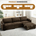 108'' Chenille Sectional Couch with Storage Armrests,L Shaped Upholstered Sofa with Movable Ottoman, 4-Seat Modular Couch with Cup Holders for Living Room, Brown