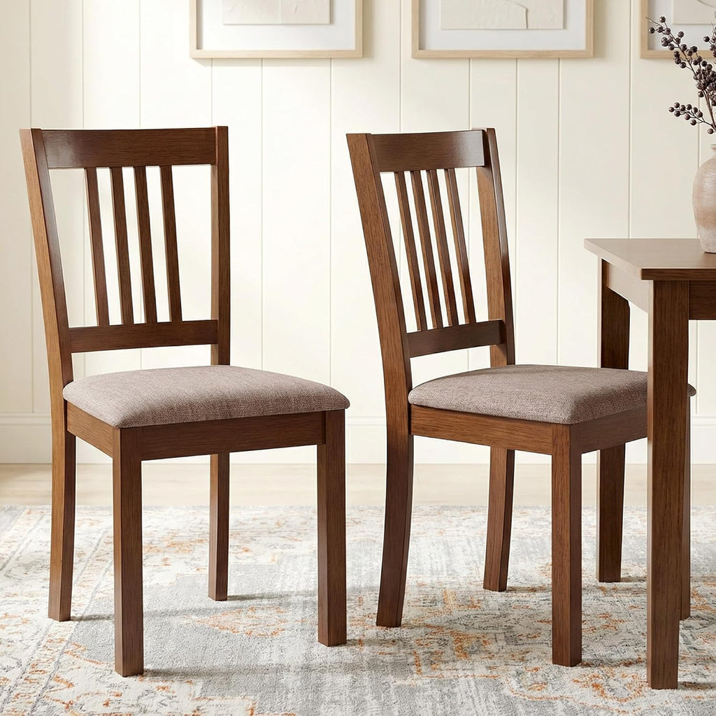 HOMCOM Dining Chairs Set of 2, Solid Wood Kitchen Chairs, Mid Century Modern Linen Fabric Upholstered for Dining Room, Living Room, Walnut Frame and Taupe Upholstery