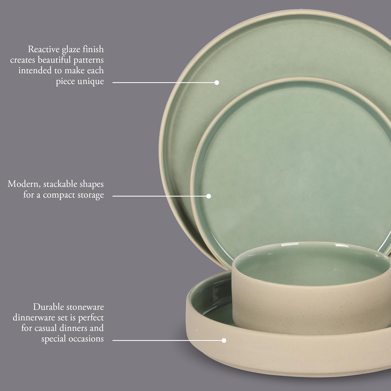 Gibson Elite Liberty Bay 16-Piece Pottery Clay Stoneware Dinnerware Set – Mint Green Reactive Glaze, Stackable Plates and Bowls W/Pasta Bowl, Service for 4 – Microwave & Dishwasher Safe