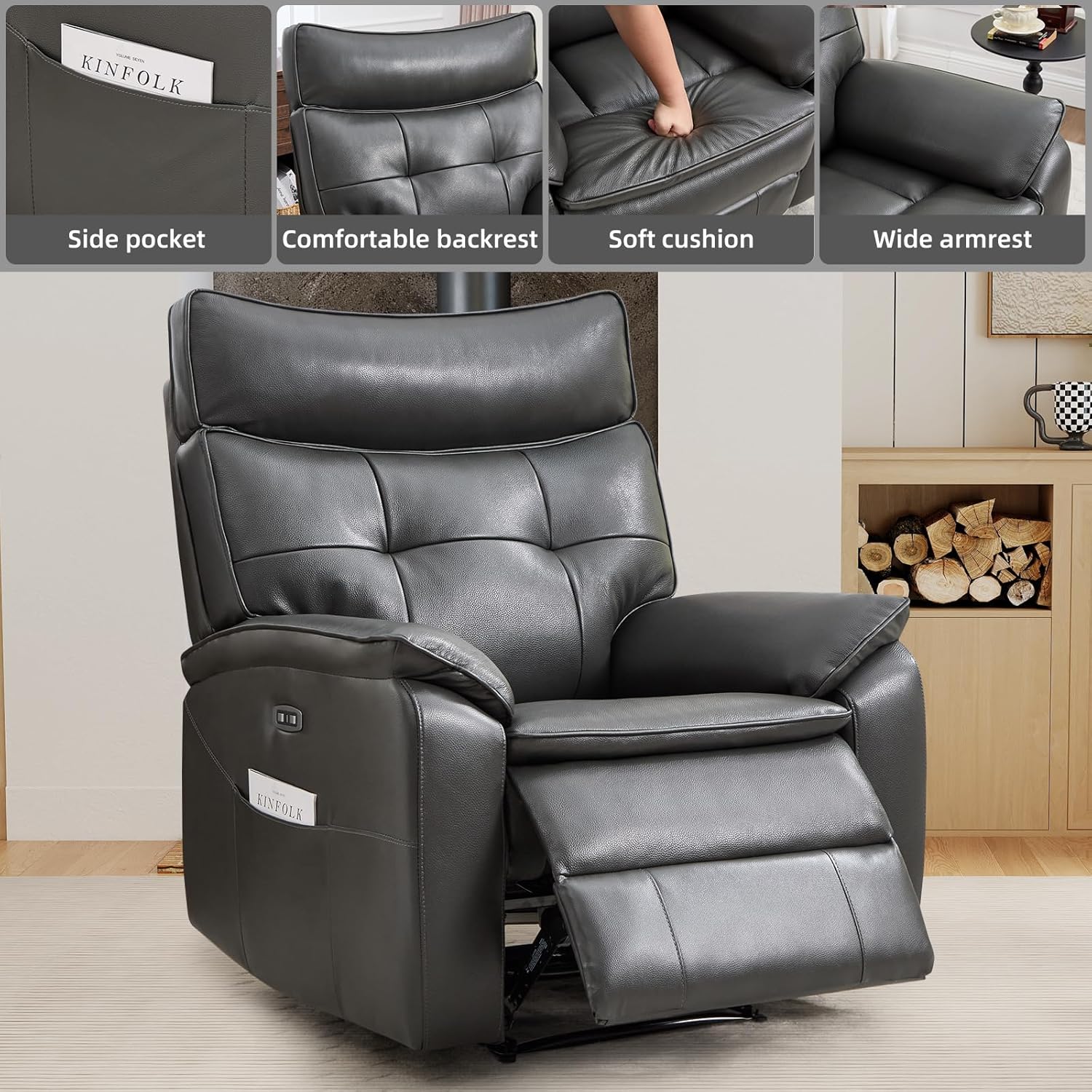 CANMOV Genuine Leather Recliner Chair,Power Recliner Chair for Adults,Electric Single Reclining Sofa with Overstuffed Armrest and Backrest for Living Room,Dark Grey