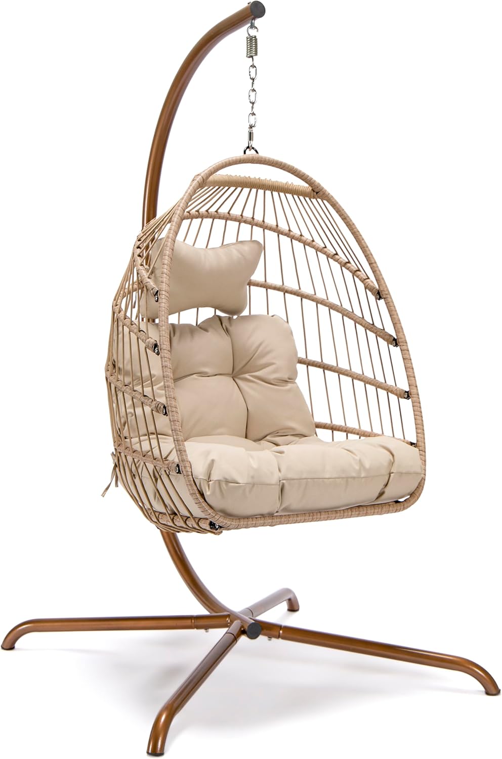 NICESOUL Cozy Hanging Egg Chair with Stand Indoor Outdoor, Wicker Patio Basket Swing Chair with Cushion and Golden Legs, 350lbs Durable Sturdy Egg Hammock Chairs for Deck Balcony Backyard Porch, Cream