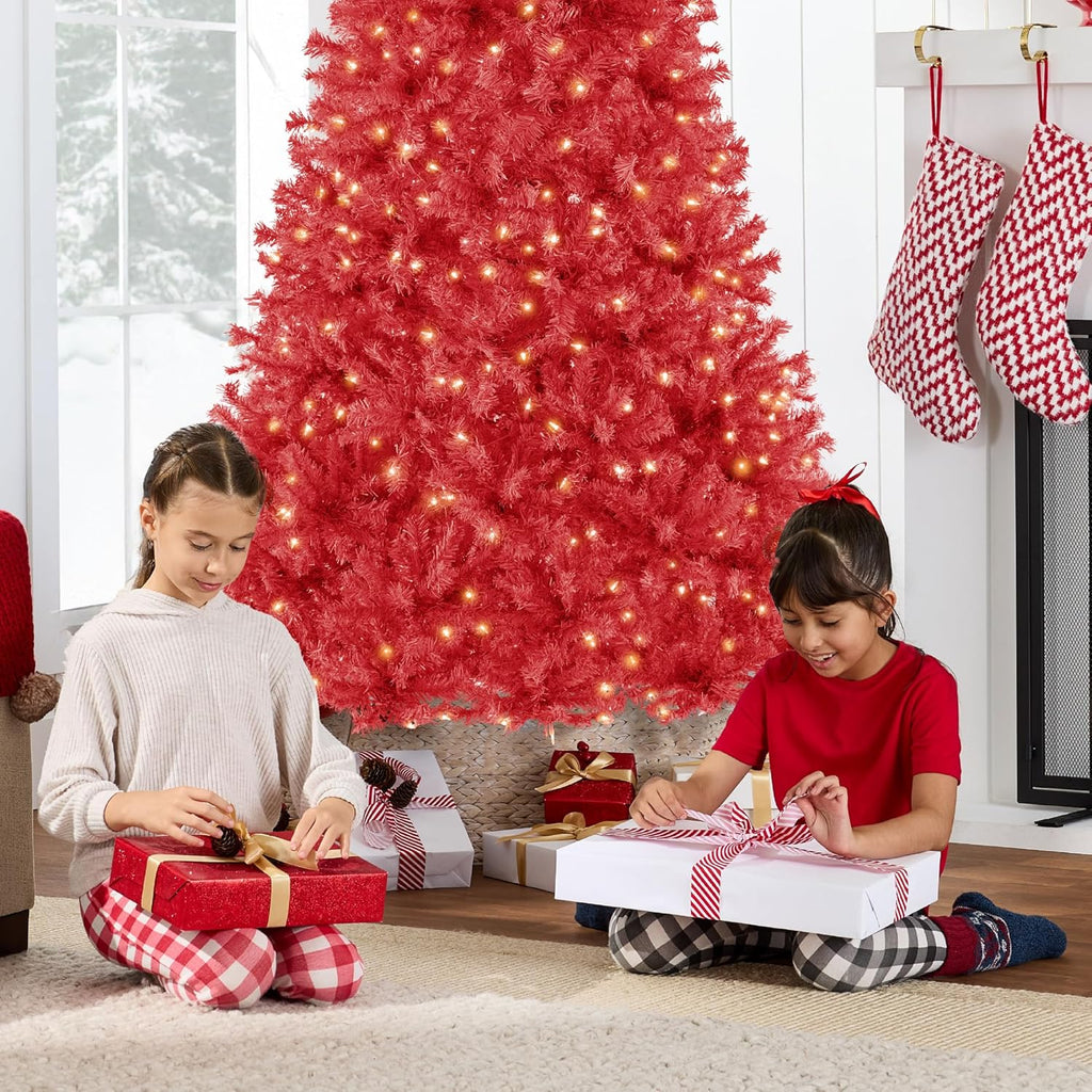 Best Choice Products 7.5ft Pre-Lit Red Christmas Tree, Full Artificial Holiday Decoration w/ 1,350 Branch Tips, 550 Lights, Foldable Base