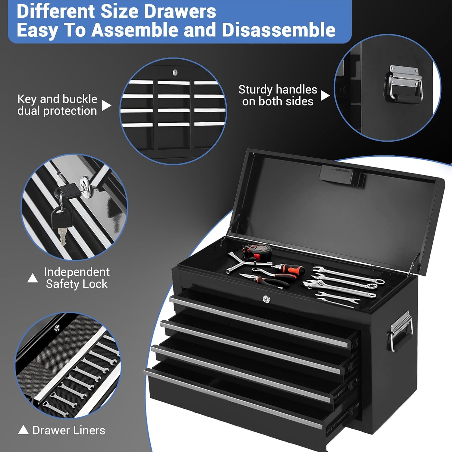 5 Drawer Rolling Tool Chest with Wheels, 2-in-1 Detachable Tool Box and Cabinet, Lockable Metal Storage Organizer, Mobile Toolbox for Garage Workshop Home, Black&Red