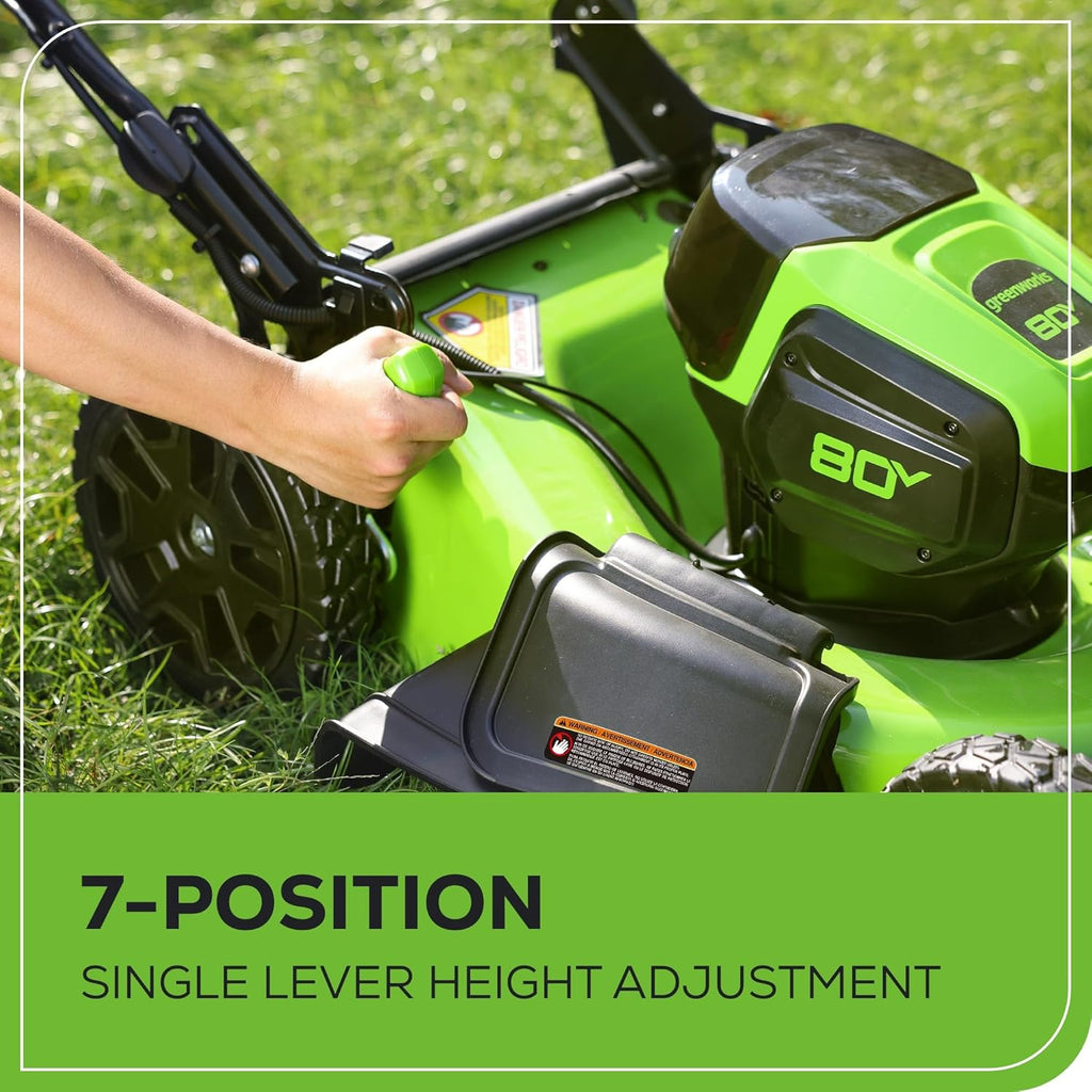 Greenworks 80V 21” Brushless (Self-Propelled) Cordless Electric Lawn Mower + (580 CFM) Axial Leaf Blower (75+ Compatible Tools)  4.0Ah Battery and 60 Minute Rapid Charger  Green and Black