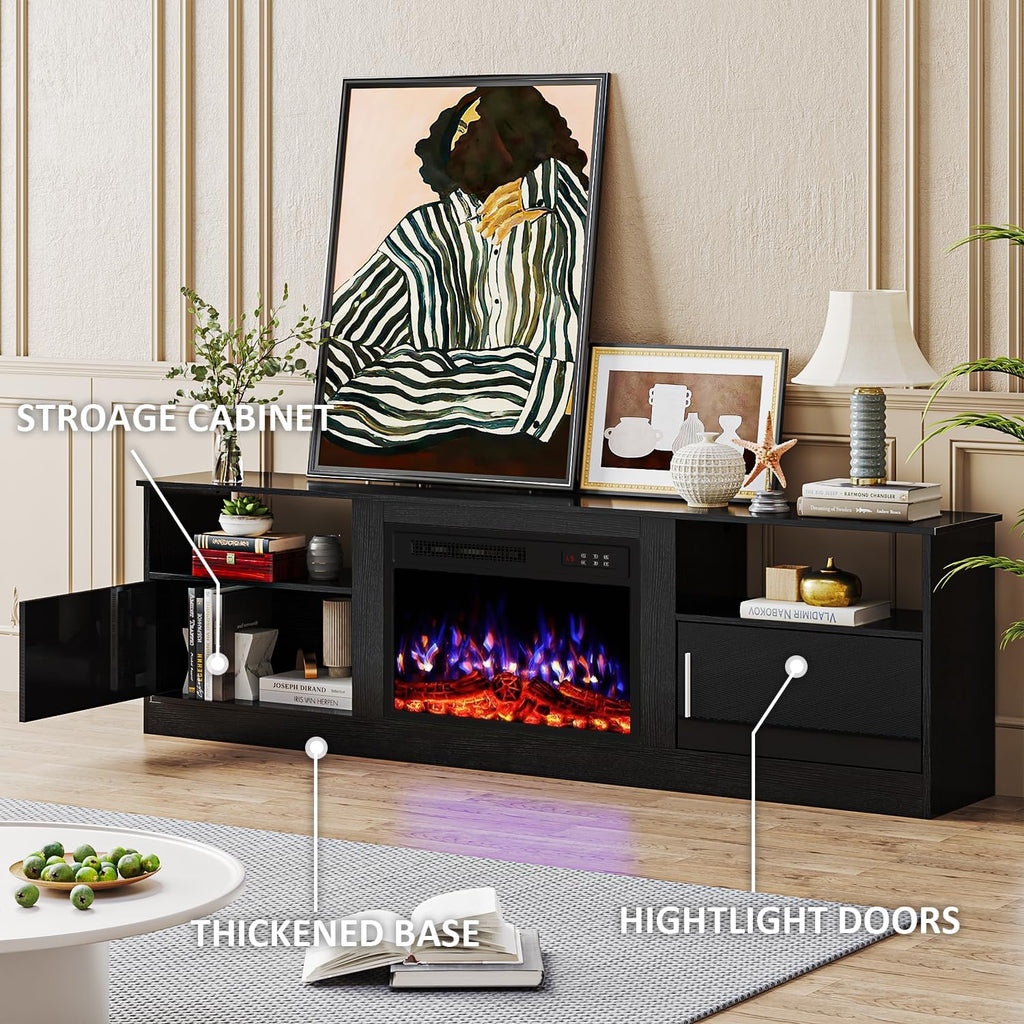 70" Fireplace TV Stand with 23" Electric Fireplace for TVs Up to 80 inch, Modern LED Light Entertainment Center with High Gloss Storage Cabinet, Media TV Consoles for Living Room (Black, 70")