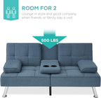 Best Choice Products Linen Modern Folding Futon, Reclining Sofa Bed for Apartment, Dorm w/Removable Armrests, 2 Cupholders - Blue