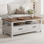 GarveeHome Farmhouse Coffee Table with Drawers, 47.2 in Center Table Rustic Coffee Tables White Brown Living Room Table, with Open Shelf and 6 Support Legs