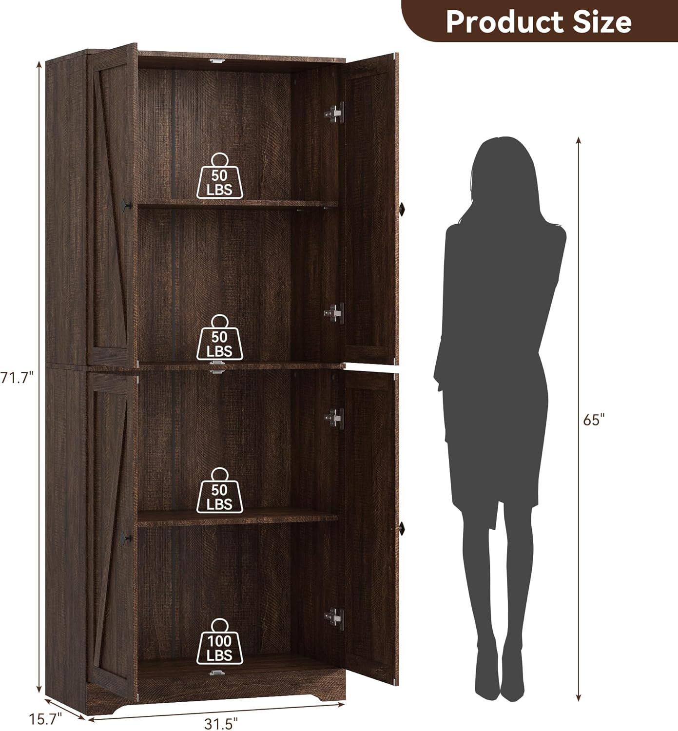 Kitchen Pantry Cabinet Set of 3, 72” Tall Farmhouse Storage Cabinet with 4 Barn Doors and Adjustable Shelves, Pantry Cabinet Versatile Storage for Kitchen, Living Room, Brown