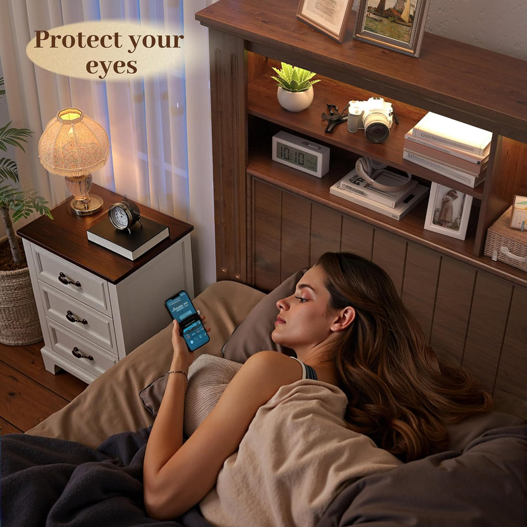 EnHomee King Size Bed Frame with 4 Storage Drawers, King Bed Frame and Headboard with LED Lights & Charging Ports,No Box Spring Needed,NO Noise,Wooden,Brown