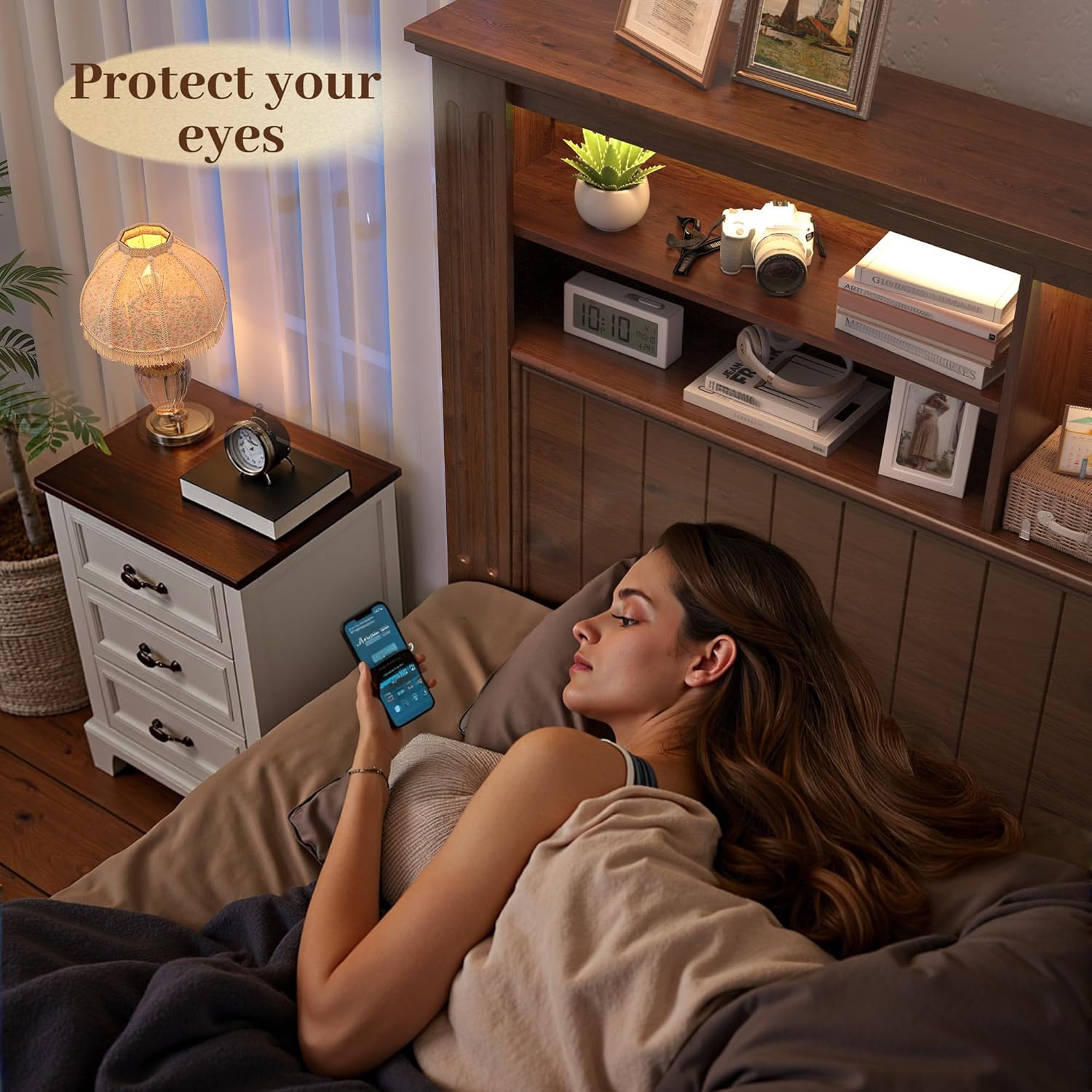 EnHomee King Size Bed Frame with 4 Storage Drawers, King Bed Frame and Headboard with LED Lights & Charging Ports,No Box Spring Needed,NO Noise,Wooden,Brown
