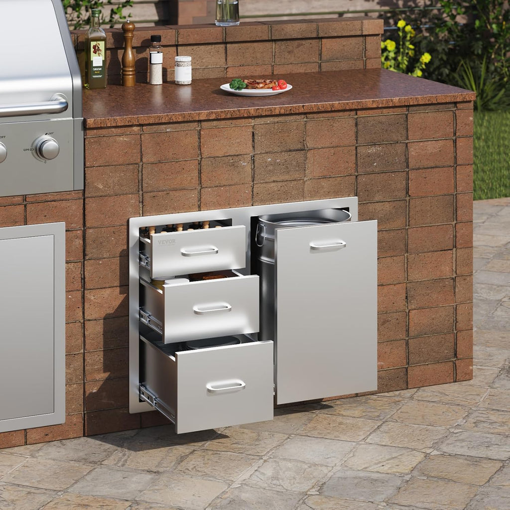 VEVOR Stainless Steel Cabinet  Outdoor Kitchen Door Drawer Combo 29.5" W x 22.6" H x 21.7" D  Access Door/Triple Drawers  Propane Drawer  Adjustable Garbage Ring  BBQ Island Patio Grill Station