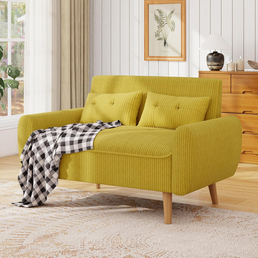 JAMFLY 47'' Small Loveseat Sofa, 2 Seat Compact Couch with Tapered Legs, Yellow Upholstered Furniture, Solid Wood Frame, Comfy Foam Cushion, Easy Assembly for Small Spaces