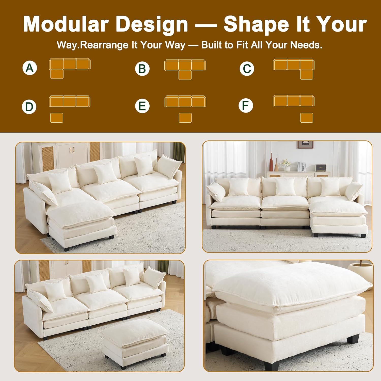 111.4" Modular Sectional Sofa｜Comfy Cloud Couch with Movable Ottoman Deep Seat｜Chenille L Shaped Modular Sofa Sectional Couches for Living Room, Bedroom and Apartment｜Beige