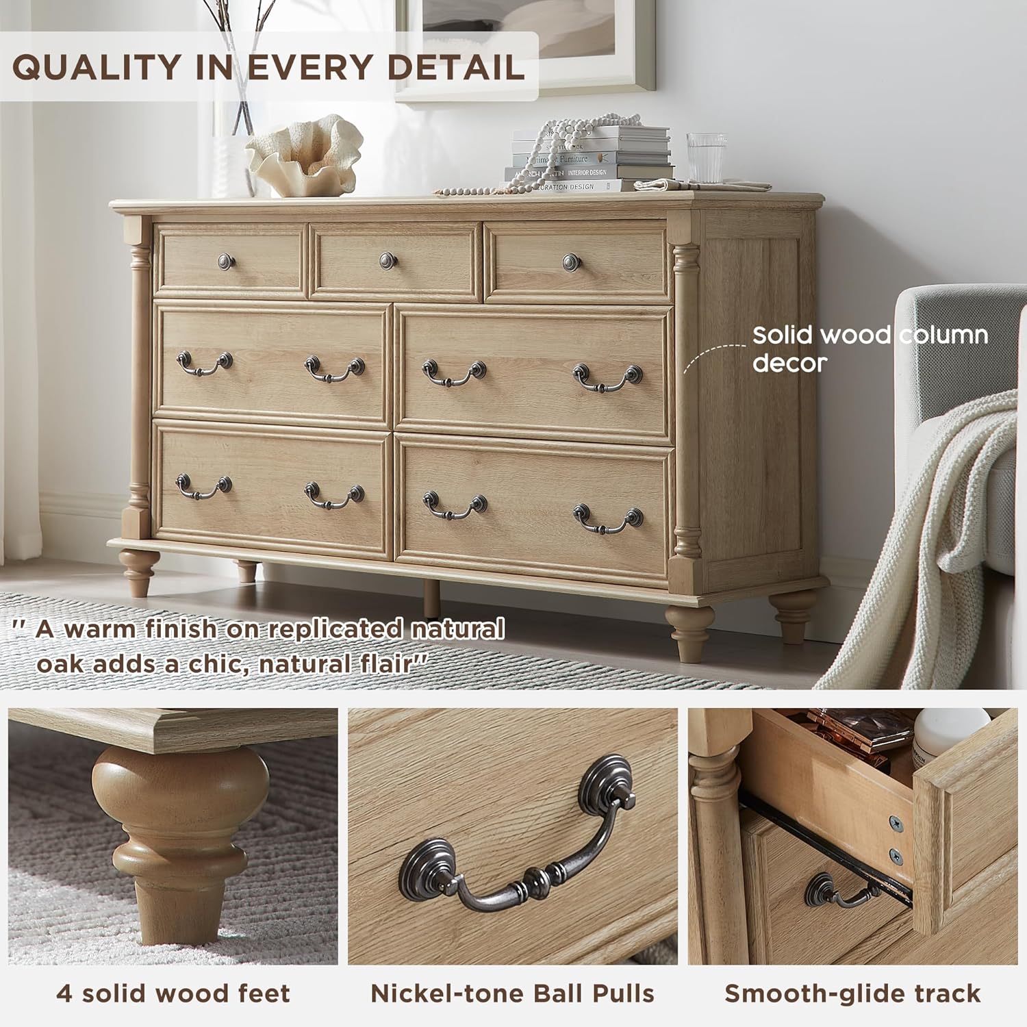 T4TREAM Farmhouse 7 Drawers Dresser Chests for Bedroom with 4 Solid Wood Feet, Tall Wide Wood Country Rustic Chest of Drawers, Storage Dressers for Bedroom, Living Room,Natural Oak