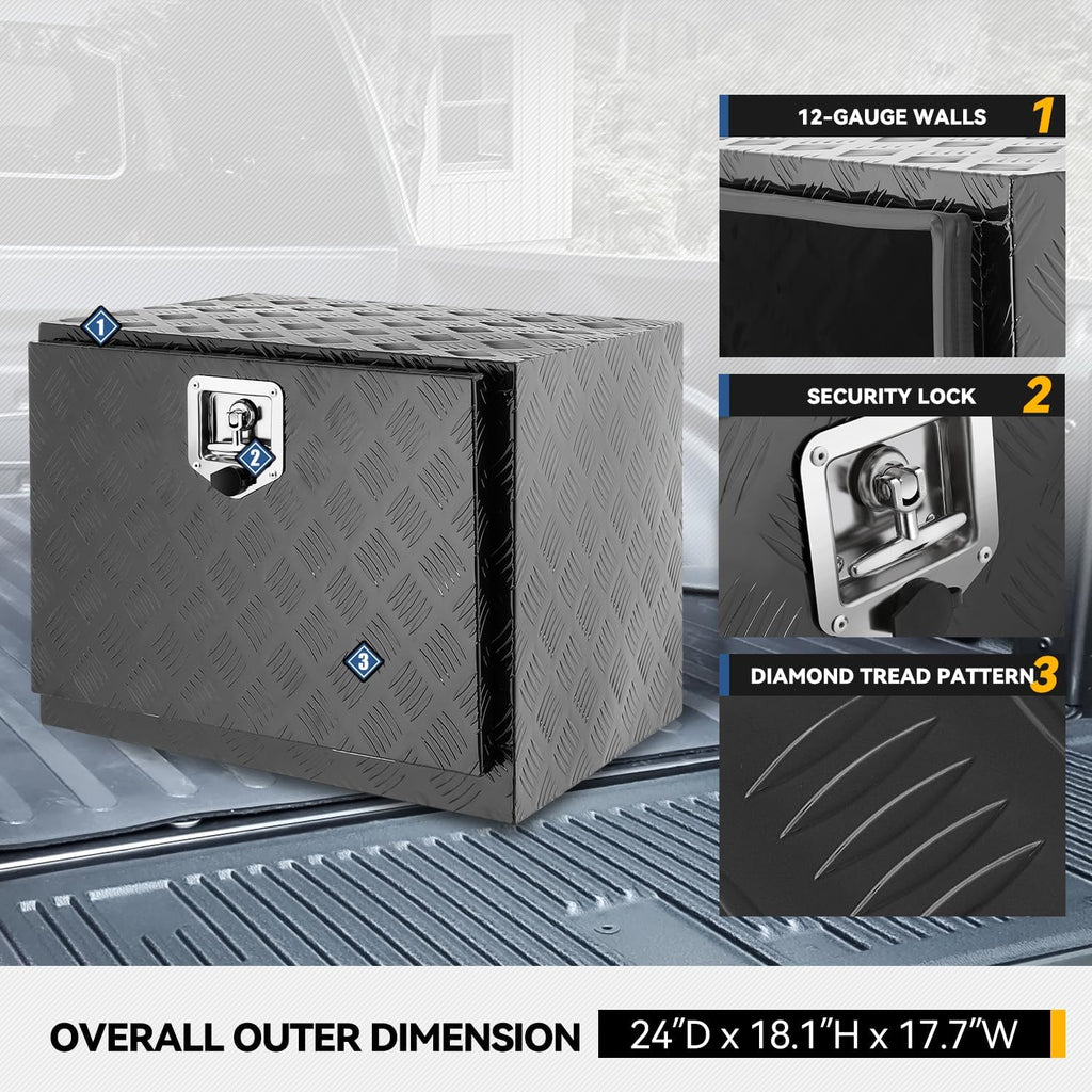 Underbody Truck Box, 24'' D x 17.7"W x 18.1"H Pickup Storage Box, Heavy Duty Aluminum Diamond Plate Tool Box with Lock and Keys, Waterproof Trailer Storage Box with T-Handle Latch - Black