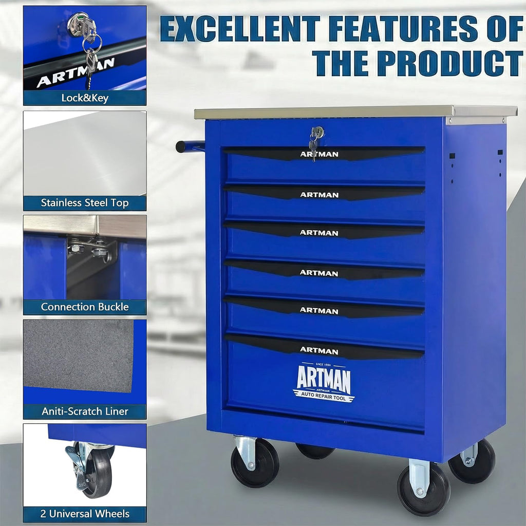 6-Drawer Rolling Tool Chest with Stainless Steel Countertop,Tool Chest with Secure Locking System,Mobile Storage Tool Cabinet with 360°Wheels and Padded Feet,for Home,Garage (Blue)