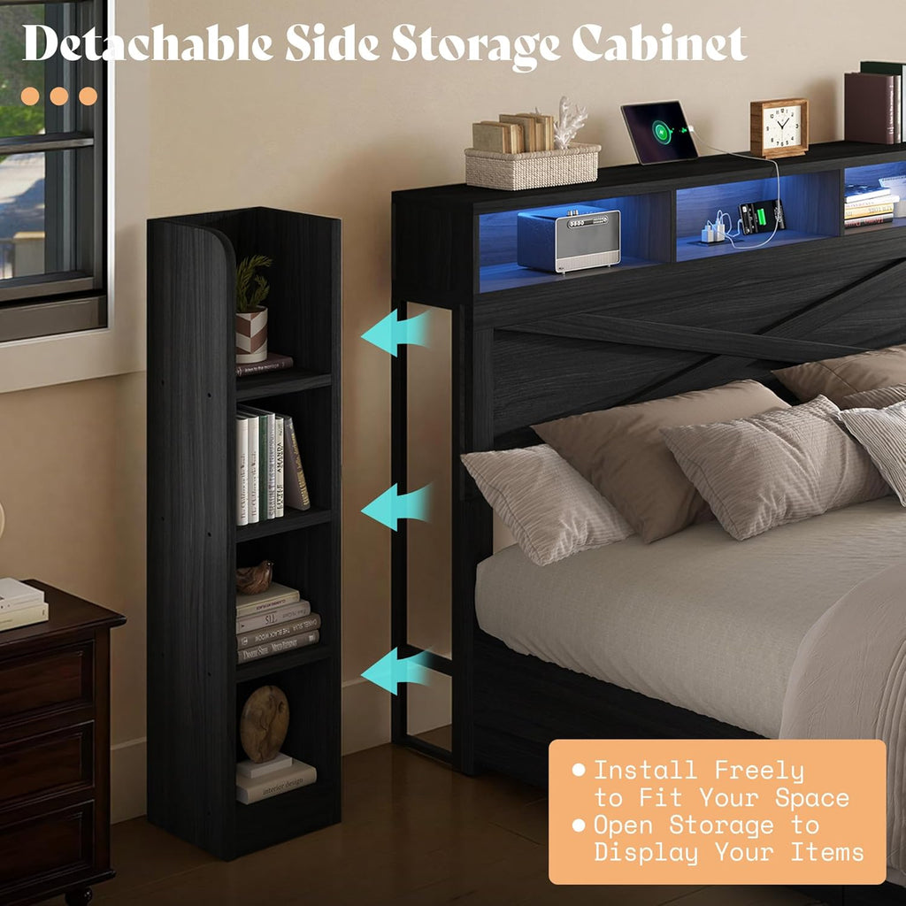 AMERLIFE 45'' Farmhouse King Bed Frame with 4 Drawers, LED Bed Frame with Bookcase Headboard & Side Shelves, Wood Platform Bed with Charging Station, Black